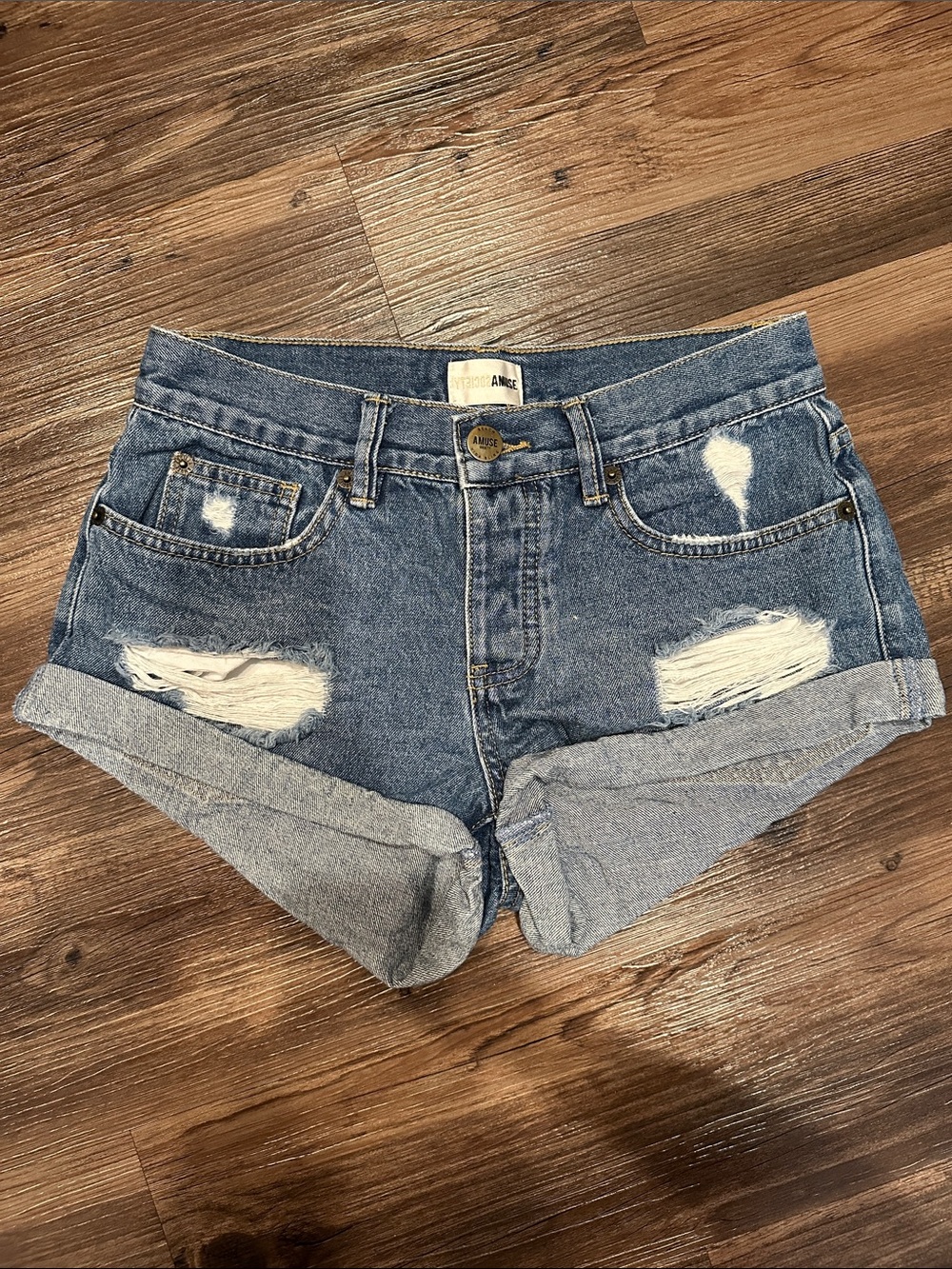 Amuse Society Medium Blue Distressed Rolled Cuff Denim Shorts